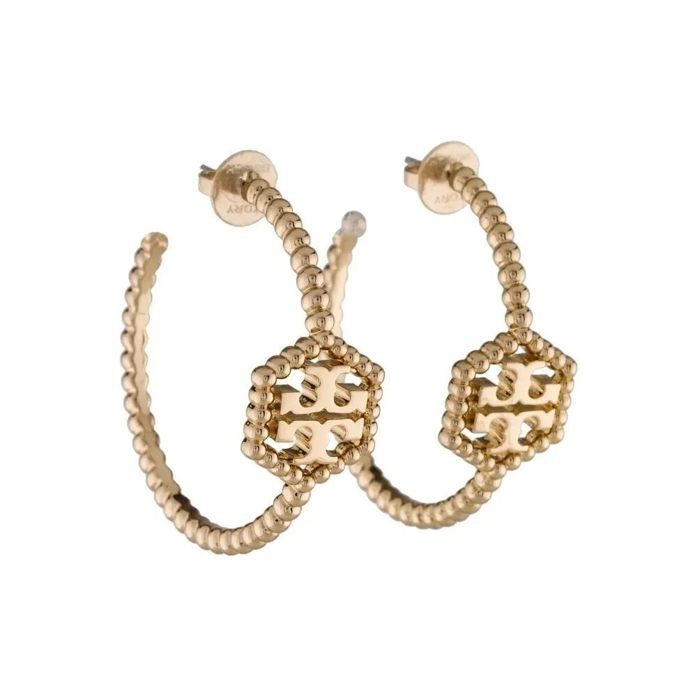 NEW Tory Burch Gold Beaded Logo Hoop Earrings